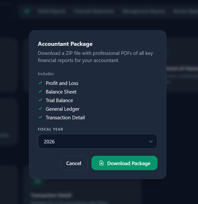 Accountant Package modal — download all travel agency financial reports as a ZIP of PDFs for tax time