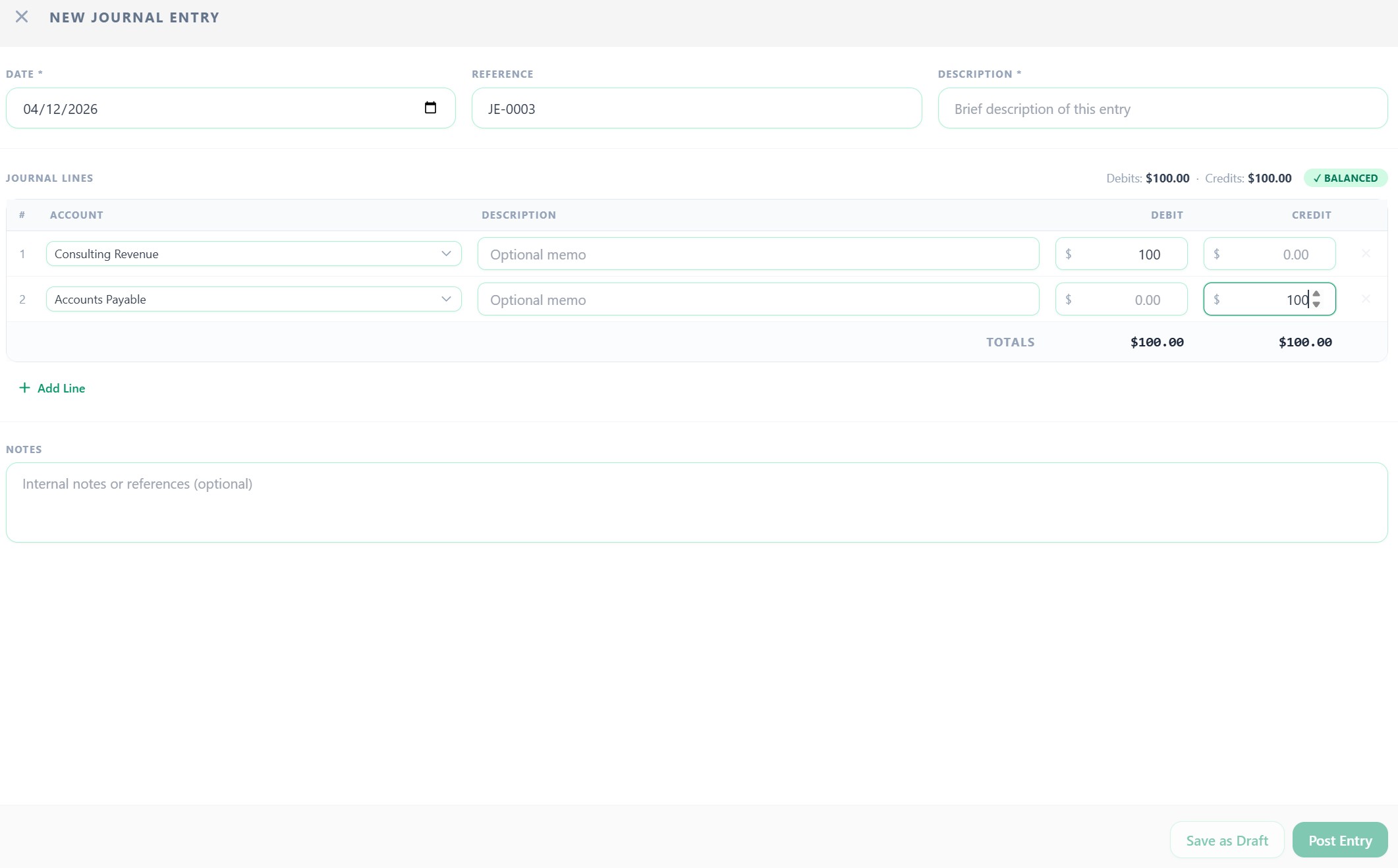 New journal entry form showing balanced debits and credits with account selection, descriptions, and post or save as draft options
