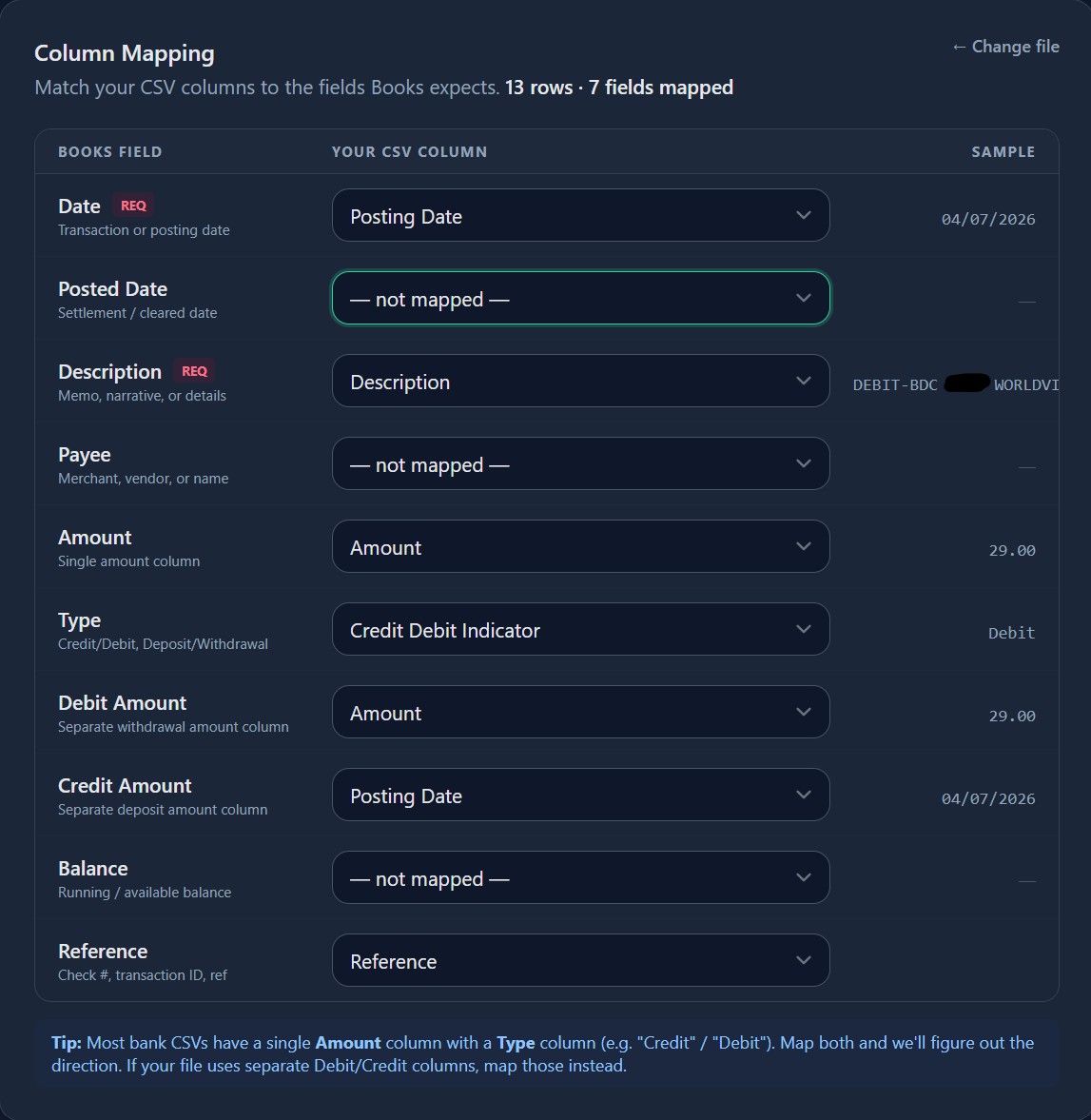 UrTravelPro Books CSV column mapping tool — map your bank export fields to import travel agency transactions automatically