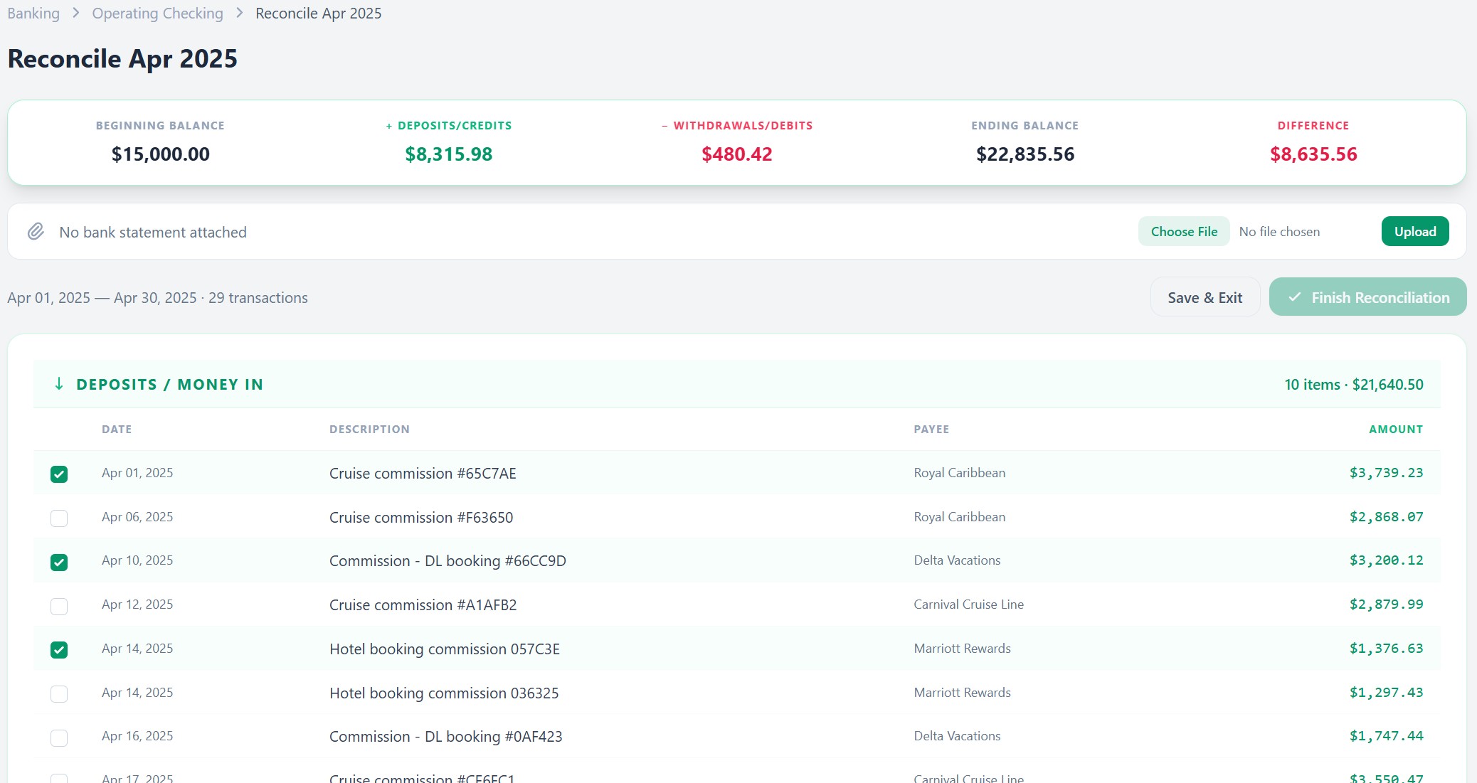 Travel agent bank reconciliation workflow showing deposits, cleared transactions, and running difference for a travel agency checking account