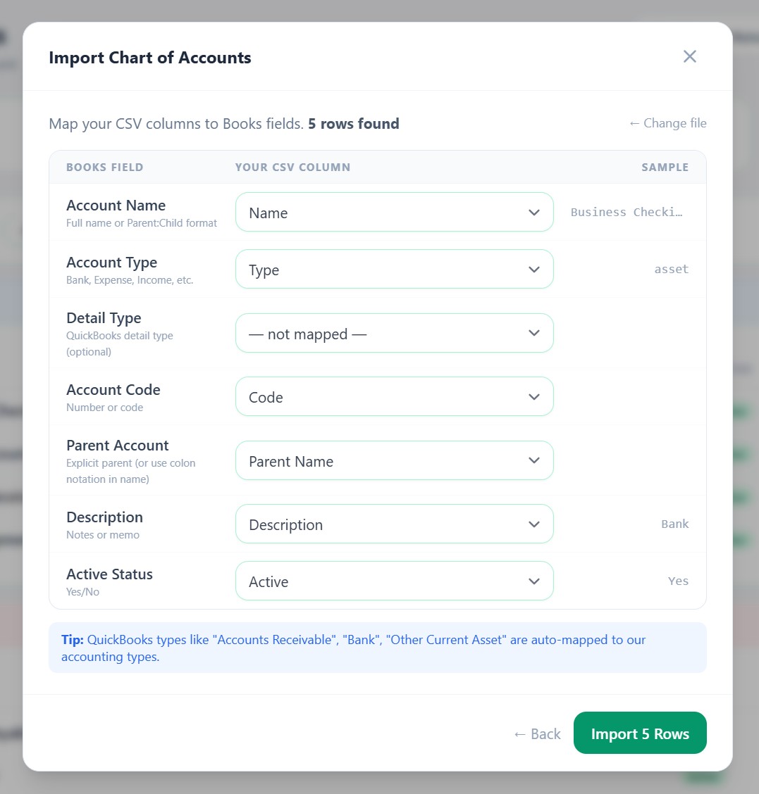 Import Chart of Accounts from QuickBooks CSV — map columns like account name, type, code, and parent account